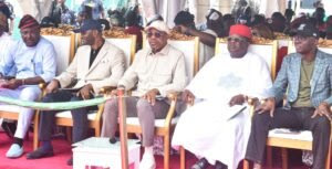 From left, Chairman, House of Representatives Committee on Works, Rep. Akin Alabi; Senate Deputy Chief Whip, Sen. Onyekachi Nwebonyi; Chairman, Senate Committee on Works, Sen. Allwell Onyesoh; Minister of Works, David Umahi, and Gov. Babajide Sanwo-Olu of Lagos State during a stakeholder engagement on the Lagos-Calabar Coastal Highway on Sunday in Lagos