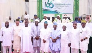 Lagos State Deputy Governor, Dr Obafemi Hamzat (middle); flanked by Lagos State Executive Members on Friday after a Special Jumaat Service to commemorate the 66th National Independence Day, held at the Lagos Secretariat Community Central Mosque, Alausa, Ikeja