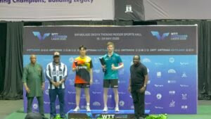 Defending champion Anders Lind (Second Right) retained the men’s singles title at the 2025 WTT Contender Lagos