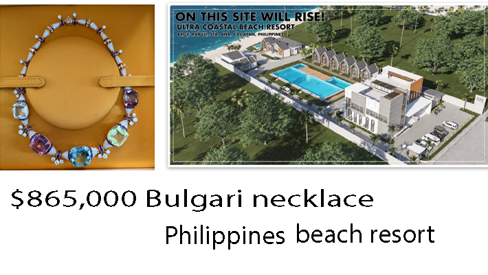 $865,000 Bulgari necklace seized as proceeds of alleged Medicare fraud scheme involving wound allografts; rendering of beach resort in the Philippines constructed with $4.6 million allegedly stolen from Medicare in wound allograft fraud scheme