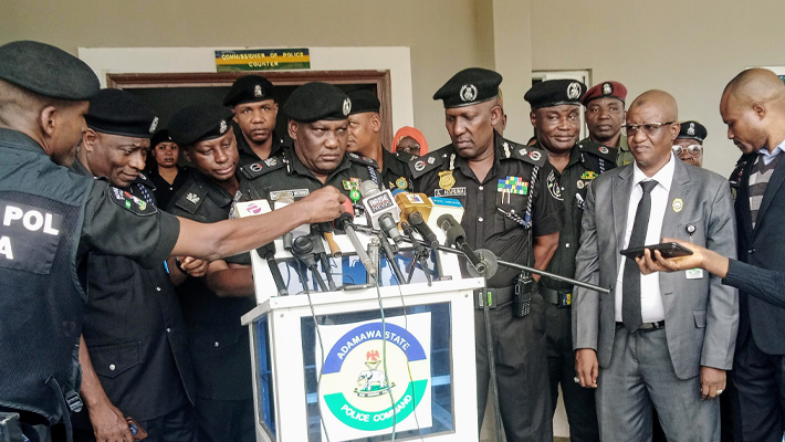 Dankombo Morris Falings at a news conference in Yola